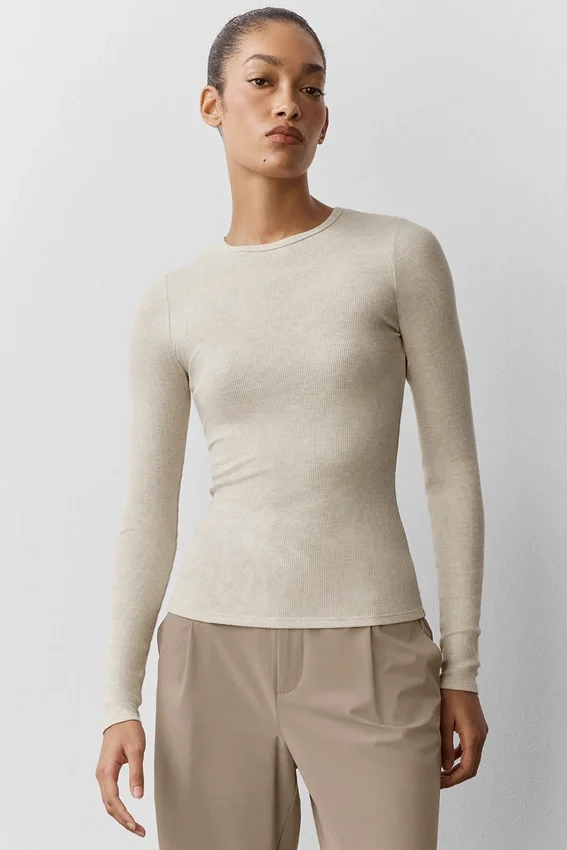 Ribbad modaltröja långärmad – Oatmeal Heather