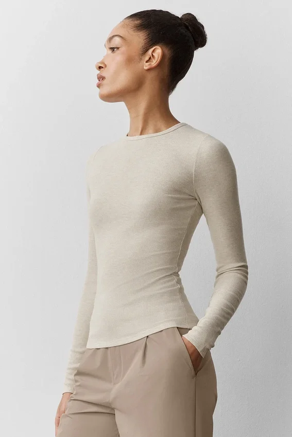 Ribbad modaltröja långärmad – Oatmeal Heather