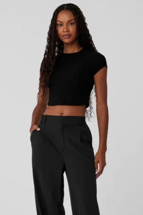 Ribbad Sea Coast kortärmad T-shirt i kort modell – Svart