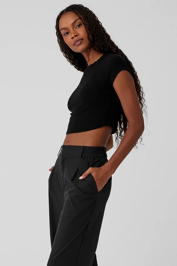 Ribbad Sea Coast kortärmad T-shirt i kort modell – Svart