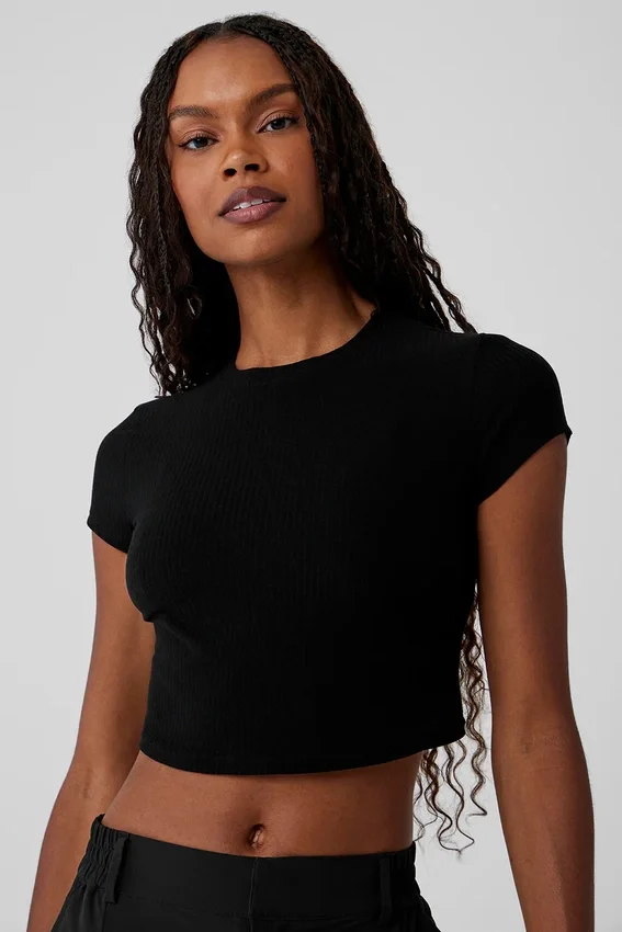 Ribbad Sea Coast kortärmad T-shirt i kort modell – Svart