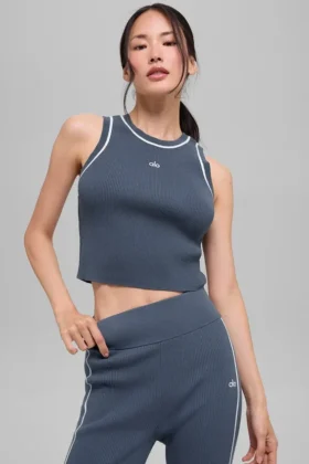 Ribbad stickat Highline Cropped Linnen – Bluestone/Vit
