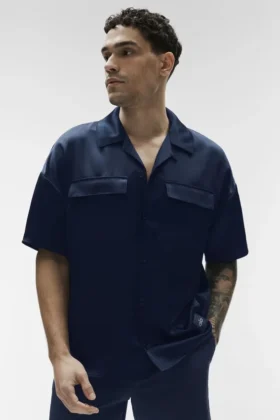 Satin Horizon kortärmad skjorta med knappar – Navy
