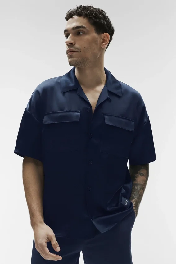 Satin Horizon kortärmad skjorta med knappar – Navy