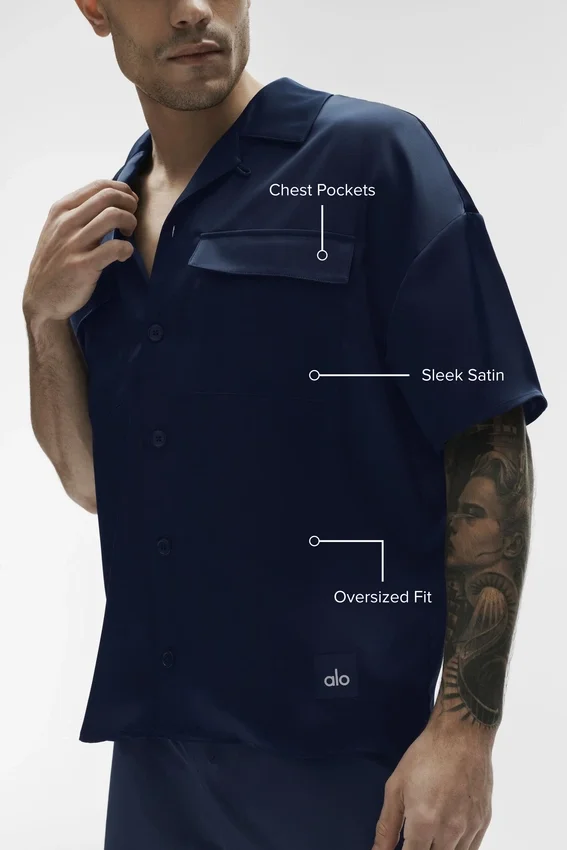 Satin Horizon kortärmad skjorta med knappar – Navy