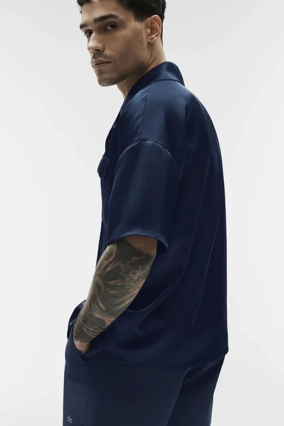 Satin Horizon kortärmad skjorta med knappar – Navy