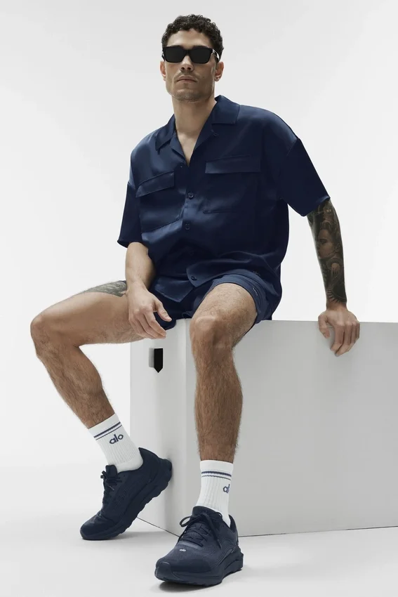 Satin Horizon kortärmad skjorta med knappar – Navy