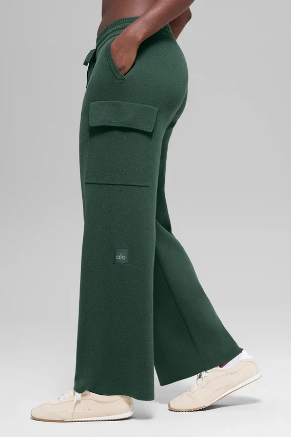 Scholar Knit High-Waist cargobyxor – klövergrön