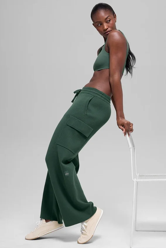 Scholar Knit High-Waist cargobyxor – klövergrön