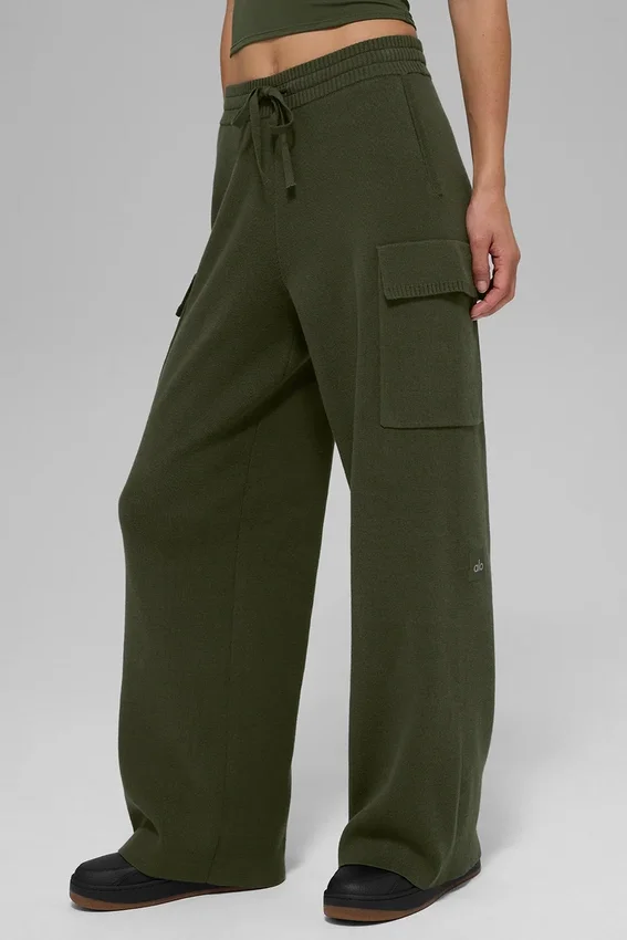 Scholar Knit High-Waist cargobyxor – olivgrön