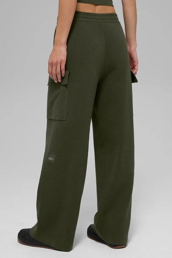 Scholar Knit High-Waist cargobyxor – olivgrön