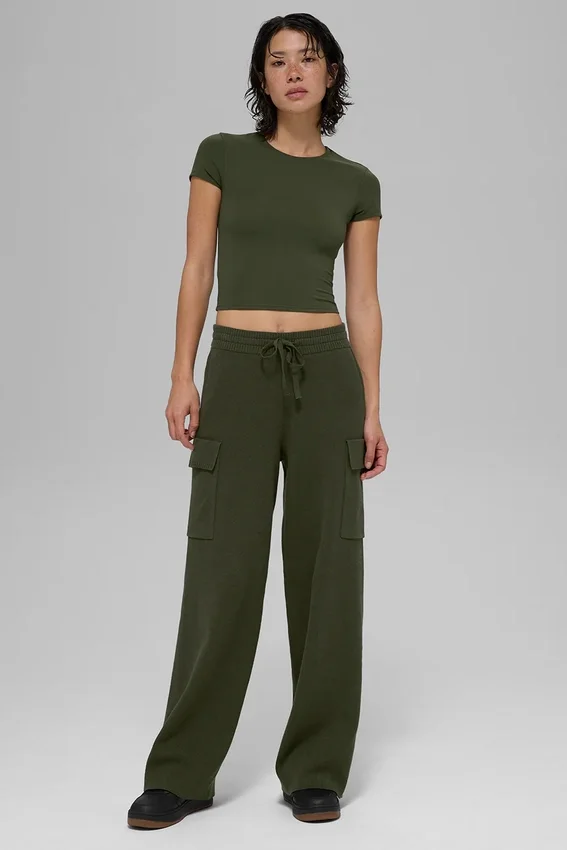 Scholar Knit High-Waist cargobyxor – olivgrön
