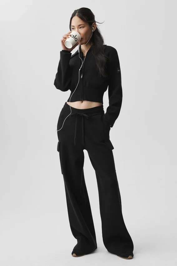 Scholar Knit High-Waist cargobyxor – svarta