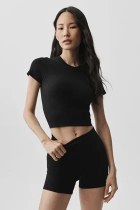 Seamless Modal Ribbed Cropped Kortärmade Shorts – Svart