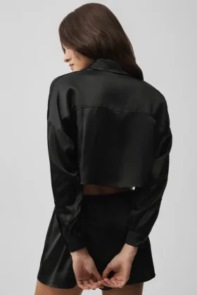 Silk Luminous Cropped Button Down Långärmat – Svart