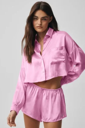Silk Luminous kortärmad knappskjorta med långärmat designelement – Candy Heart Pink