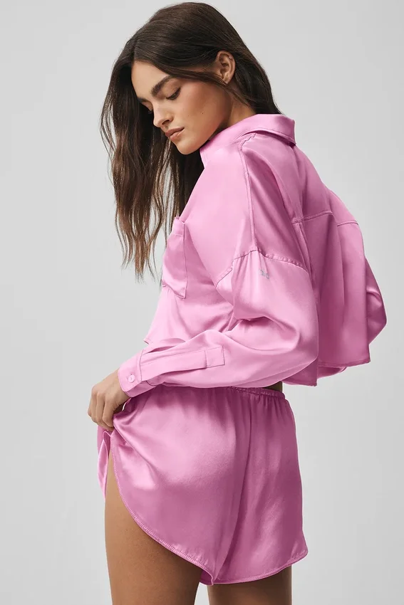 Silk Luminous kortärmad knappskjorta med långärmat designelement – Candy Heart Pink