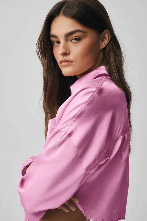 Silk Luminous kortärmad knappskjorta med långärmat designelement – Candy Heart Pink