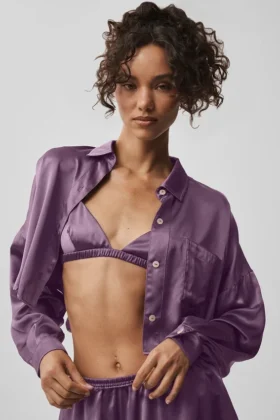 Silk Luminous kortärmad skjorta med knappar – Plum Kiss