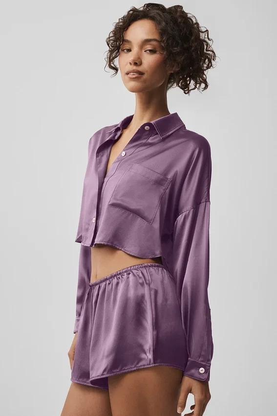Silk Luminous kortärmad skjorta med knappar – Plum Kiss