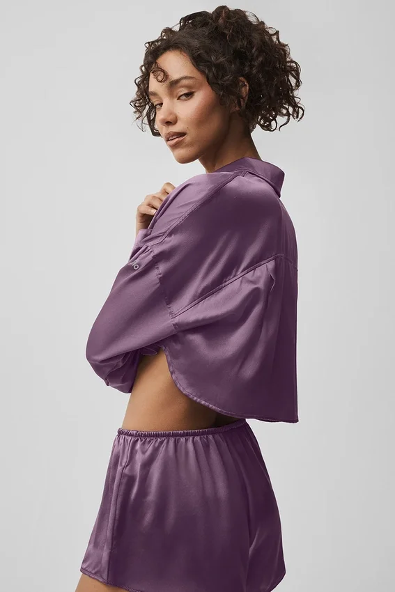 Silk Luminous kortärmad skjorta med knappar – Plum Kiss