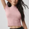 Sömlös kortärmad topp i pointelle med hög hals – Vintage Pink
