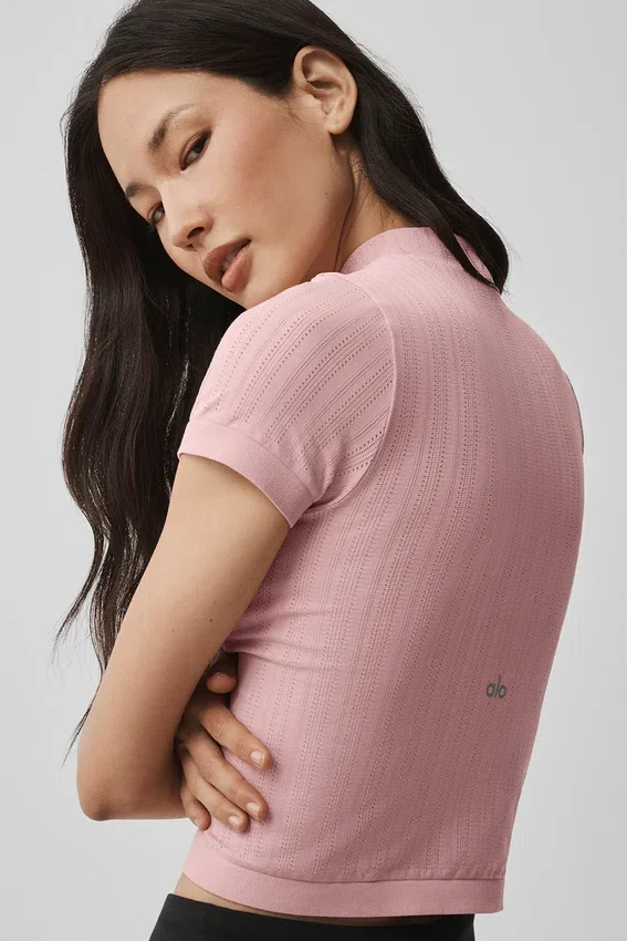 Sömlös kortärmad topp i pointelle med hög hals – Vintage Pink