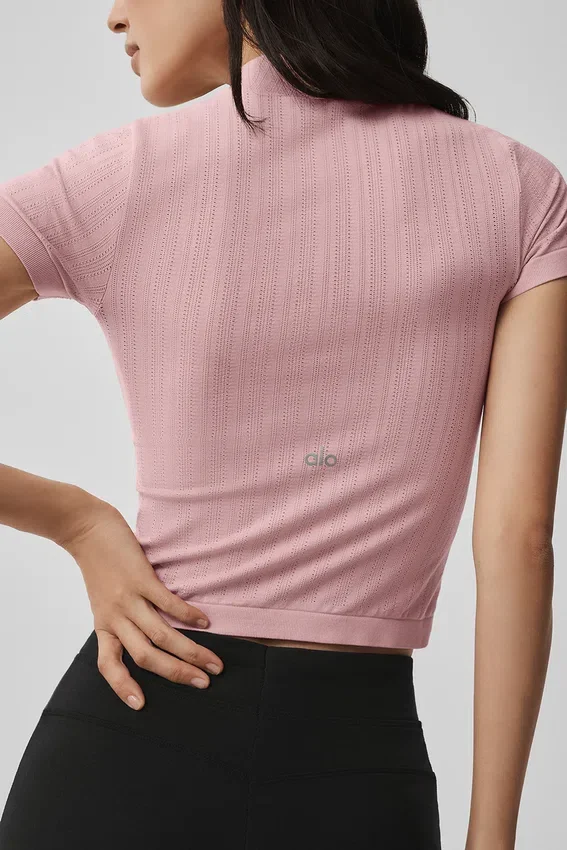 Sömlös kortärmad topp i pointelle med hög hals – Vintage Pink