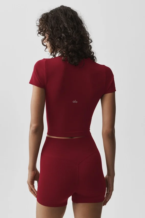 Sömlös, ribbad kortärmad tröja i modal – Summer Romance Red