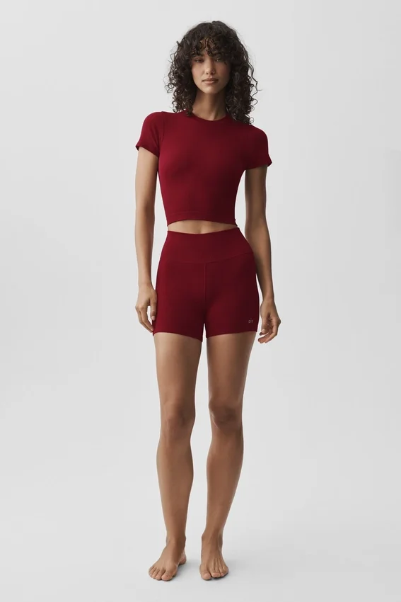 Sömlös, ribbad kortärmad tröja i modal – Summer Romance Red