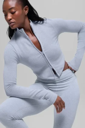 Sömlös tvåfärgad ribbad jacka – vinterfrostgrå melerad