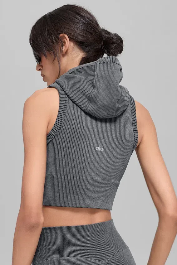 Sömlös tvåfärgad ribbad väst med huva – Dark Misty Grey Heather