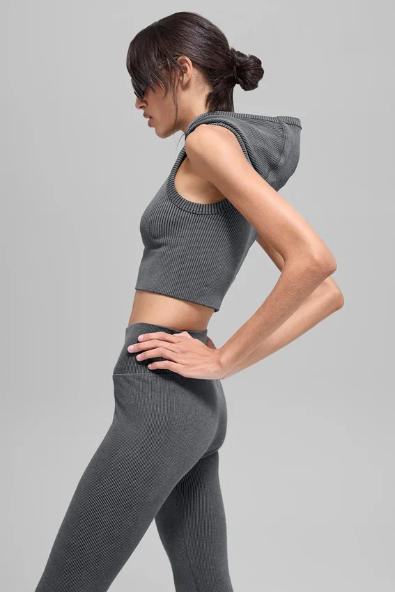 Sömlös tvåfärgad ribbad väst med huva – Dark Misty Grey Heather