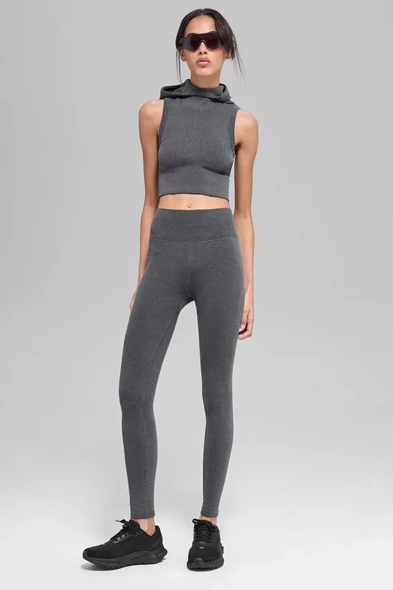 Sömlös tvåfärgad ribbad väst med huva – Dark Misty Grey Heather