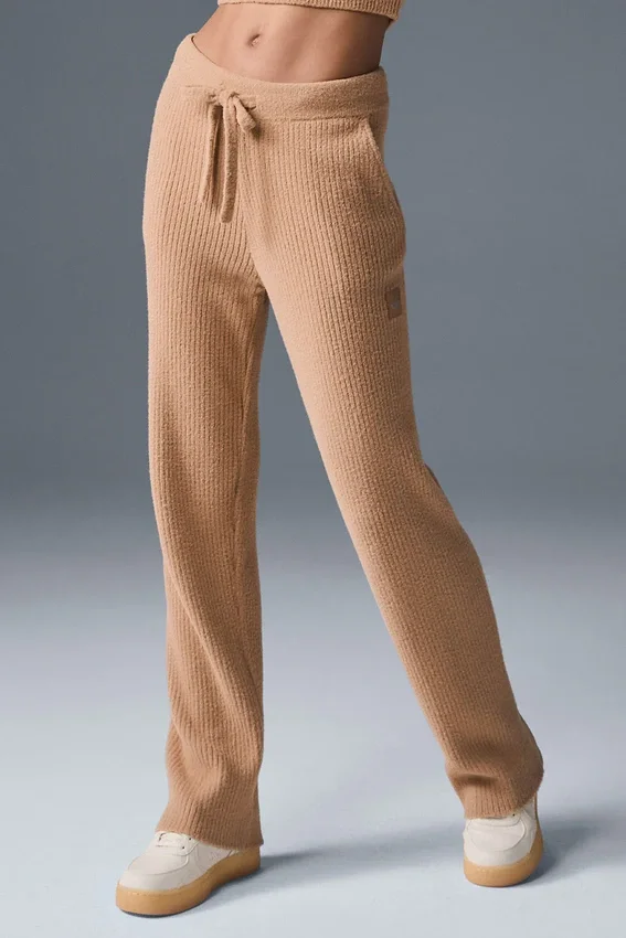 Snuggle Up Stickat – High-Waist Byxor med vida ben – Toasted Almond