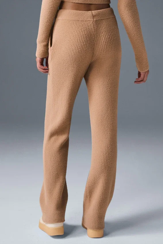 Snuggle Up Stickat – High-Waist Byxor med vida ben – Toasted Almond