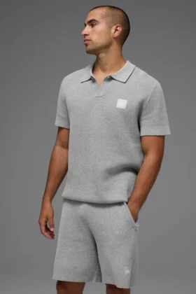 Sports Club Stickat Knit Polo – Athletic Heather Grey