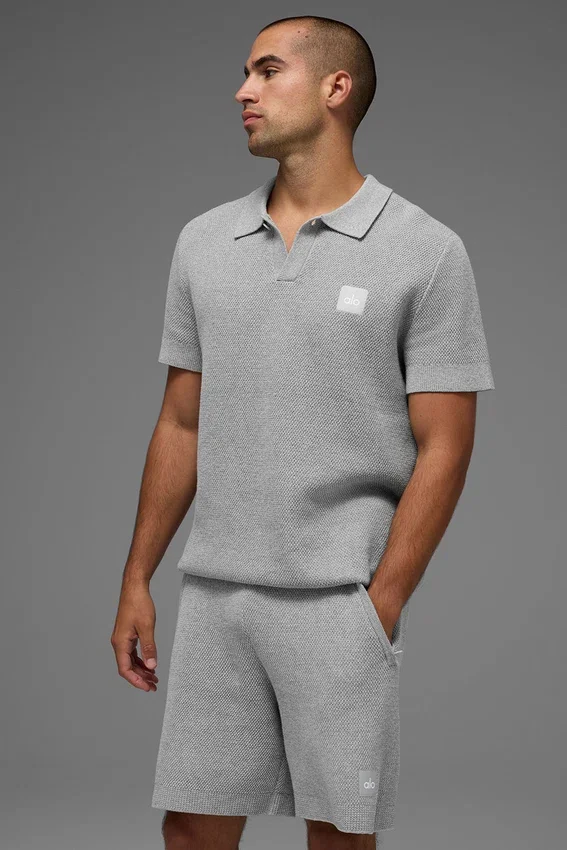 Sports Club Stickat Knit Polo – Athletic Heather Grey