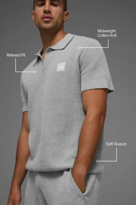 Sports Club Stickat Knit Polo – Athletic Heather Grey