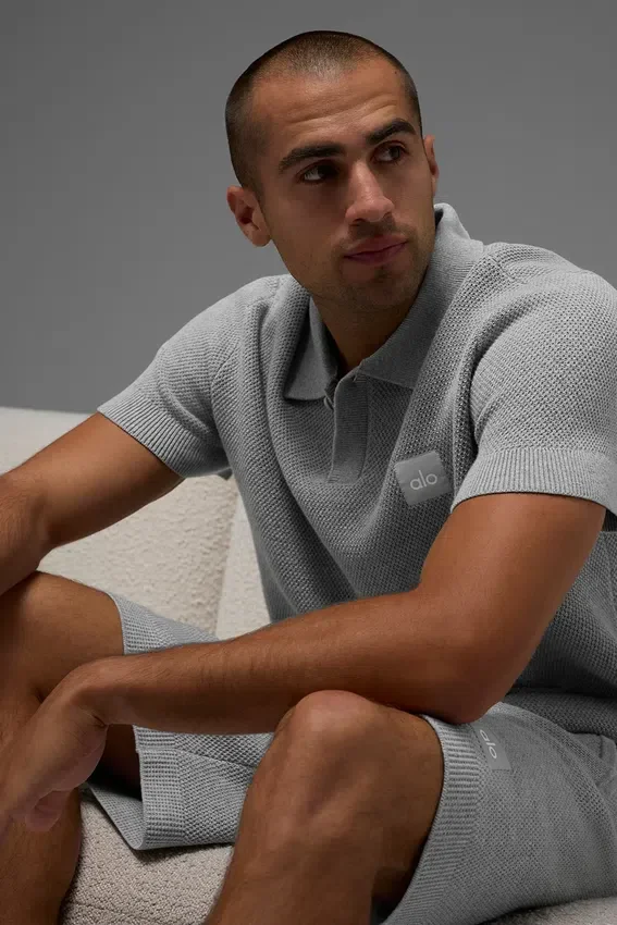 Sports Club Stickat Knit Polo – Athletic Heather Grey