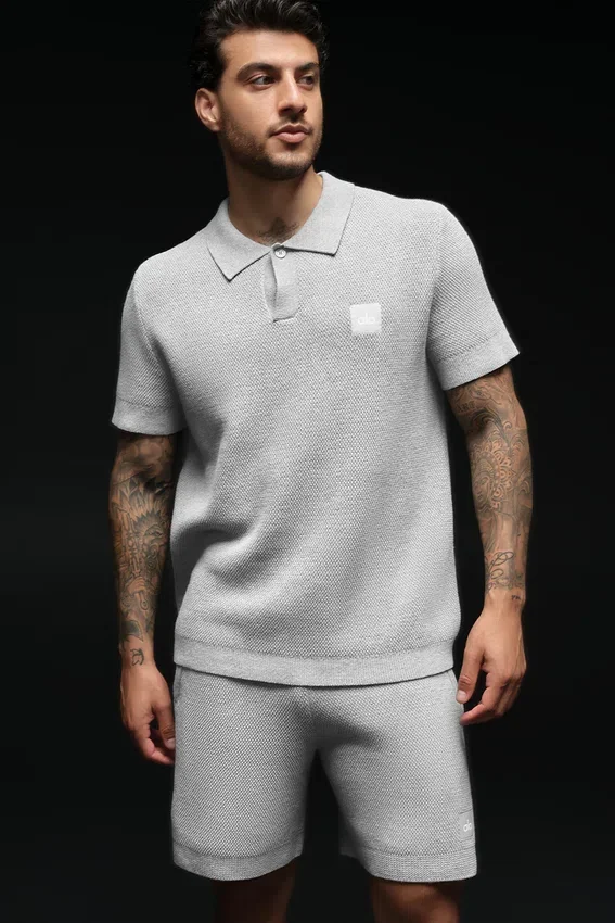 Sports Club Stickat Knit Polo – Athletic Heather Grey