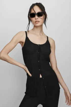 Stickat Sunlit Button Down Tank – Svart