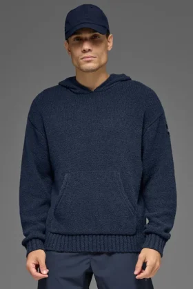 Strickad huvtröja med struktur – Navy