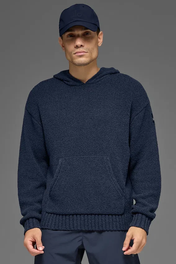 Strickad huvtröja med struktur – Navy