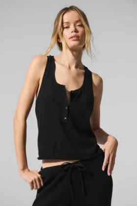 Supernatural Stickat Henley Tank – svart