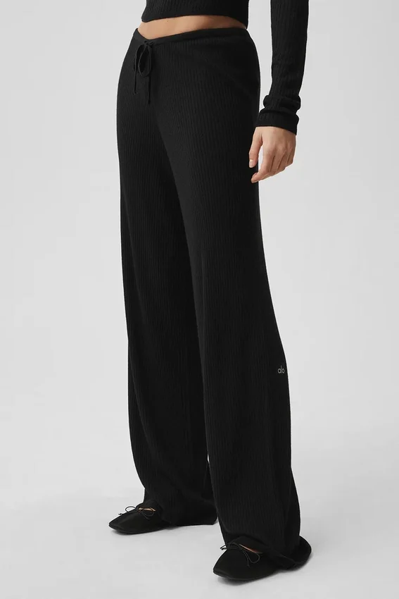 Sweater Knit Mid-Rise Unwind Wide Leg Byxor – Black
