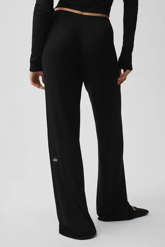 Sweater Knit Mid-Rise Unwind Wide Leg Byxor – Black