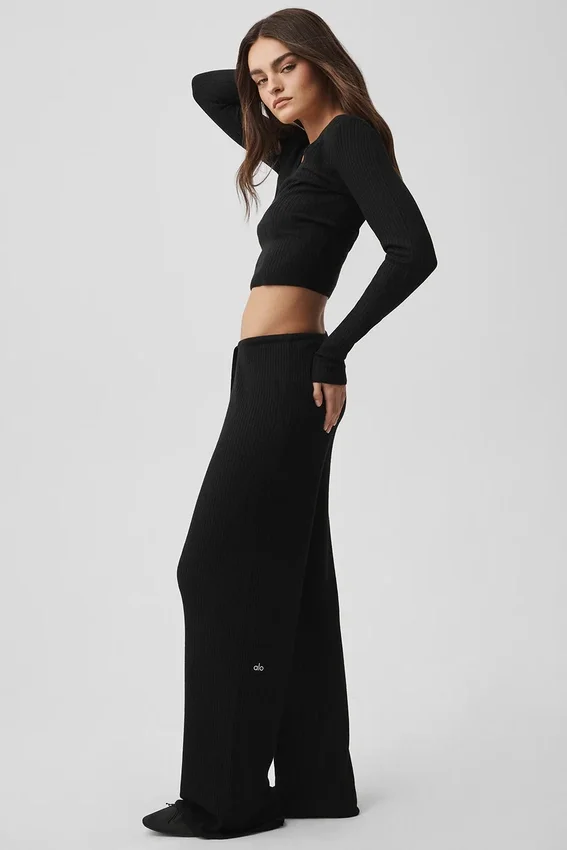 Sweater Knit Mid-Rise Unwind Wide Leg Byxor – Black