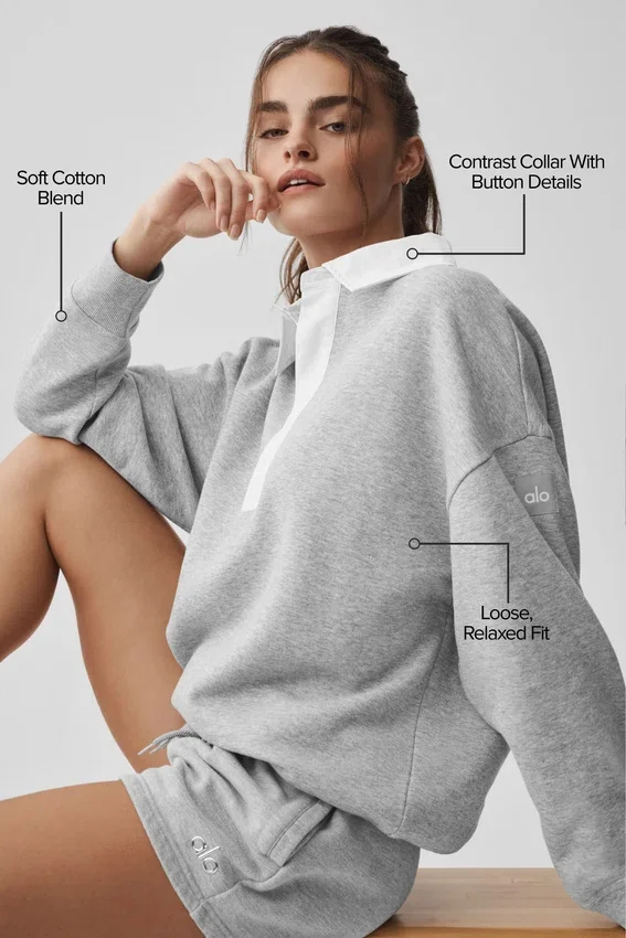 Take It Easy långärmad Henley-tröja – Athletic Heather Grey/White