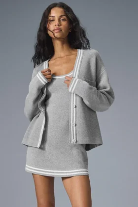 Tennis Club-stickad kofta – Athletic Heather Grey/White
